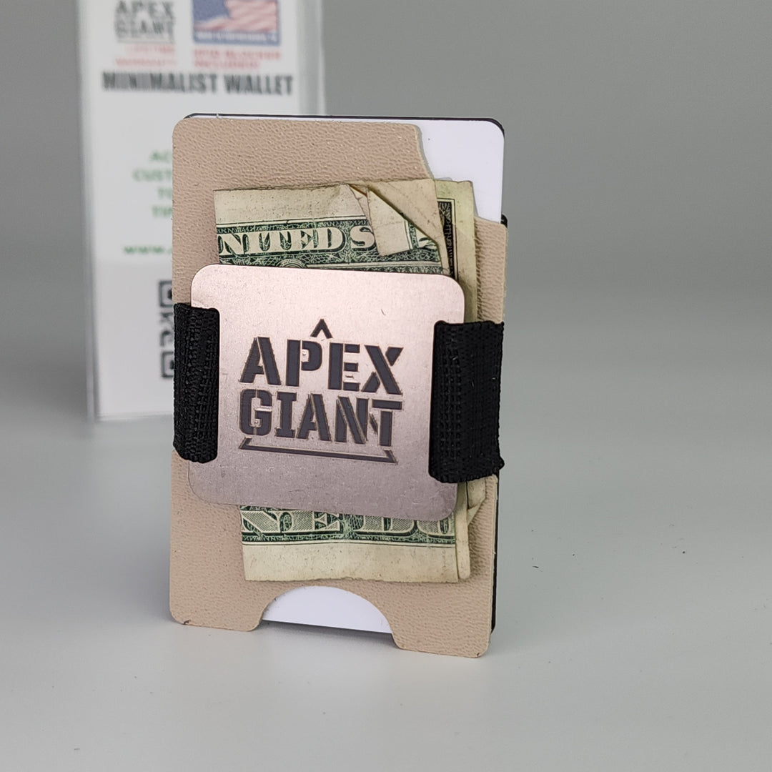APEX GIANT minimalist wallet in desert tan with bills and cards inside, black elastic strap