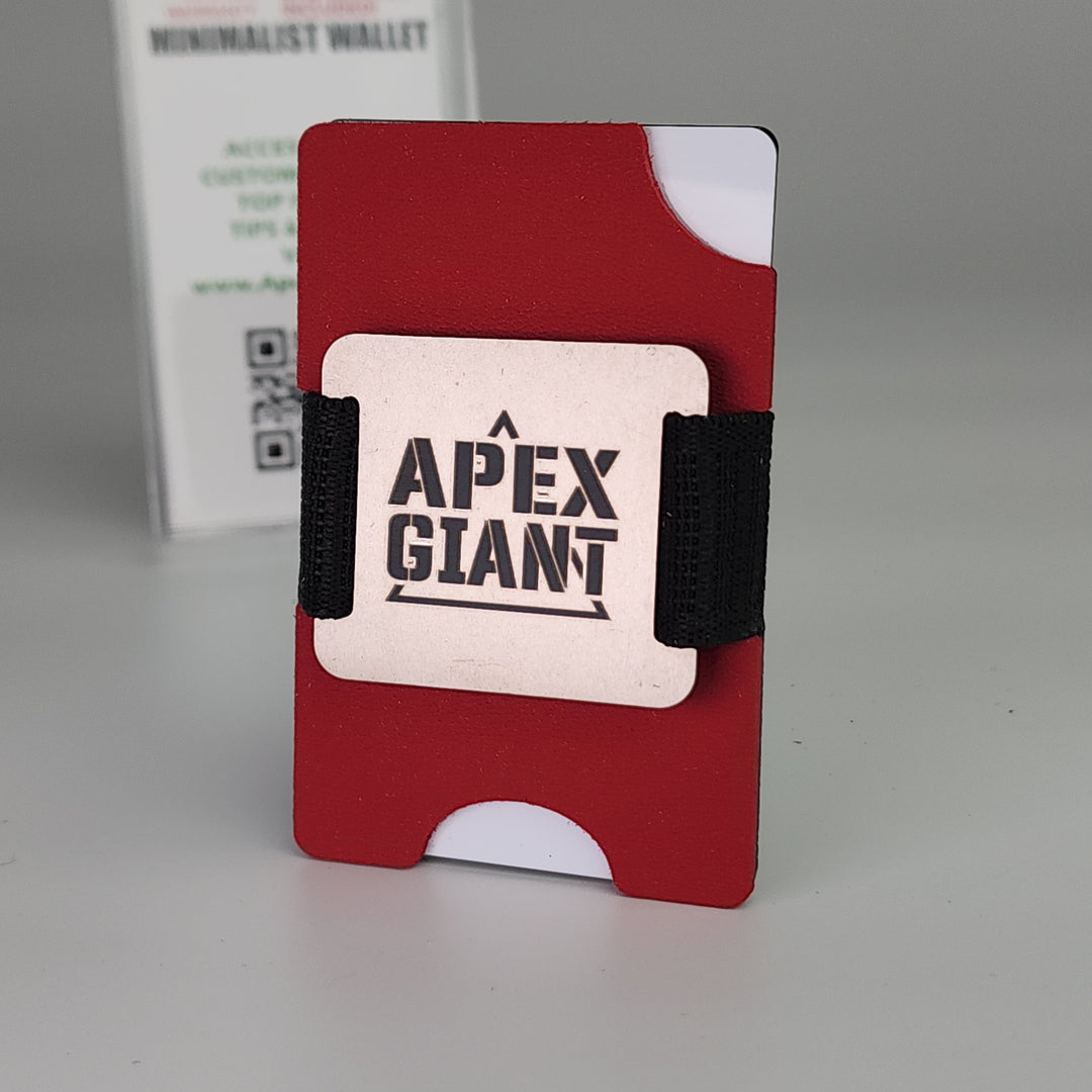 Red APEX GIANT wallet with black elastic band and molded card holder front