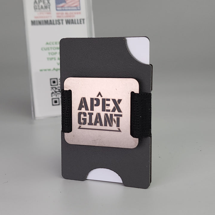 Gunmetal gray minimalist wallet with front card holder and black elastic strap