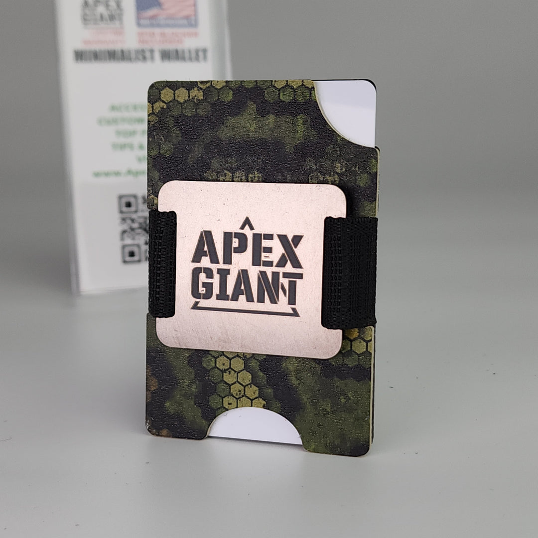 Minimalist front wallet with hex-pattern camouflage cover and black elastic strap