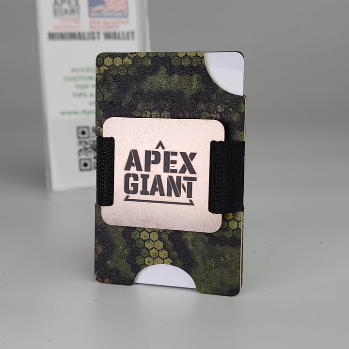 Minimalist front wallet with hex-pattern camouflage cover and black elastic strap