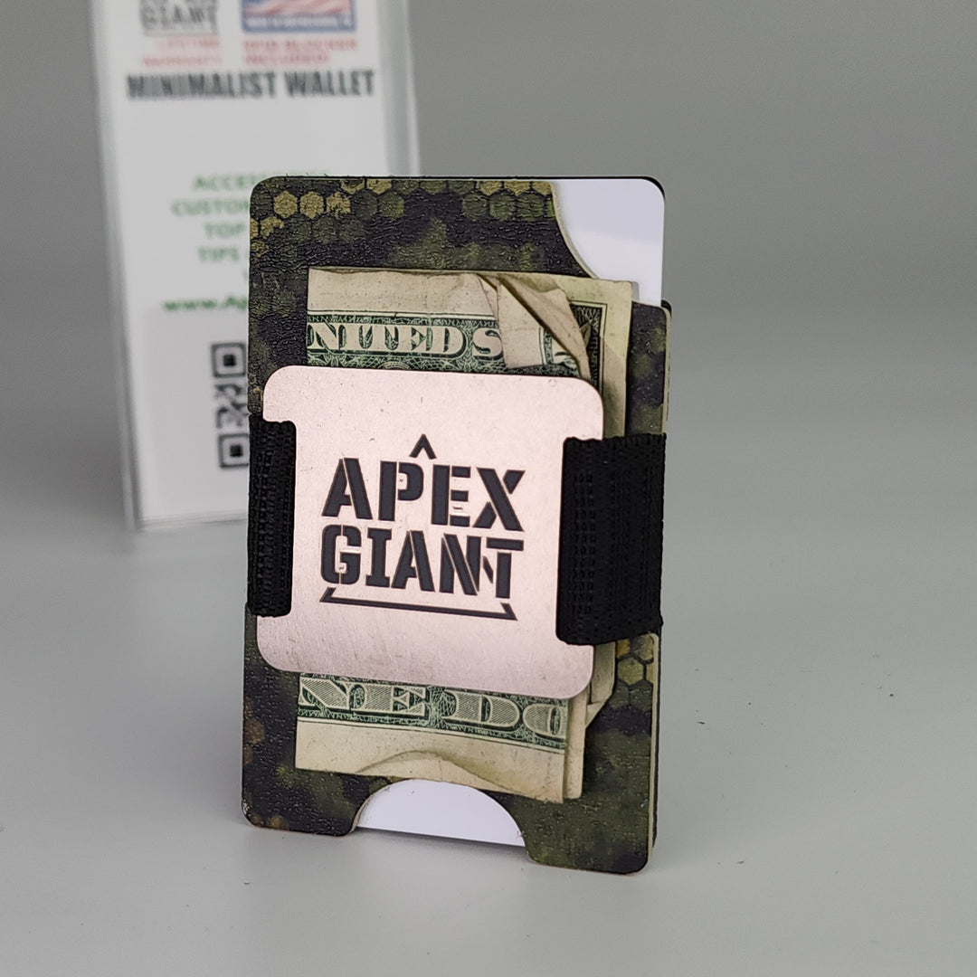 Minimalist wallet showing cash and cards inside, with black elastic front strap