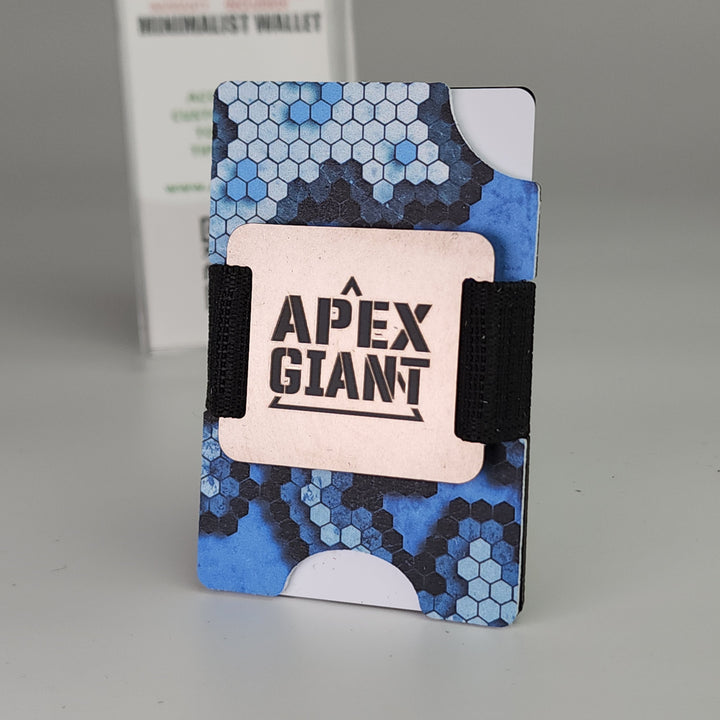 Minimalist front pocket wallet with blue hex pattern and black elastic strap