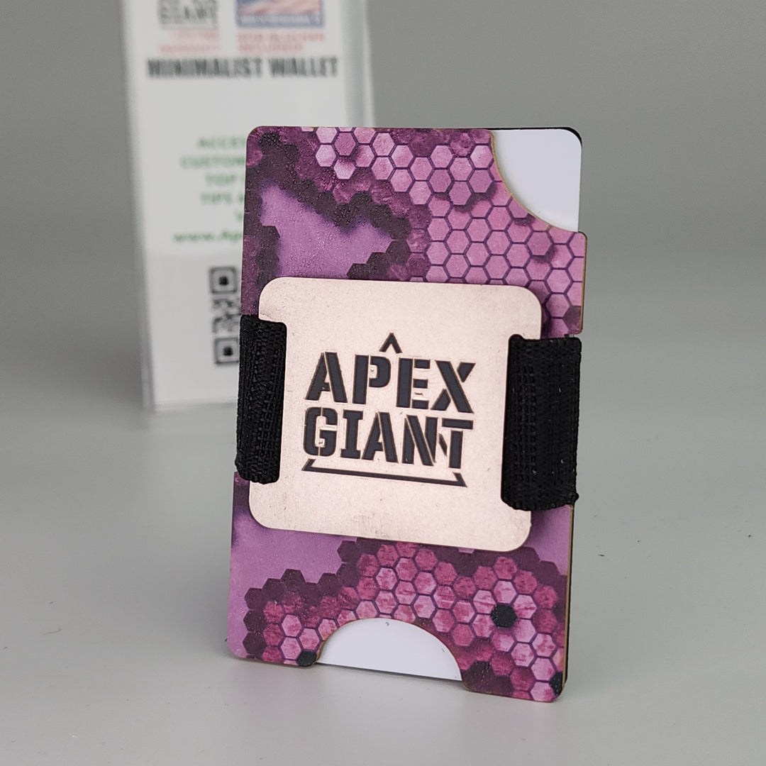 Minimalist RFID-blocker wallet with purple hex pattern sleeve and black elastic strap