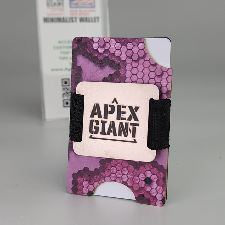 Minimalist RFID-blocker wallet with purple hex pattern sleeve and black elastic strap