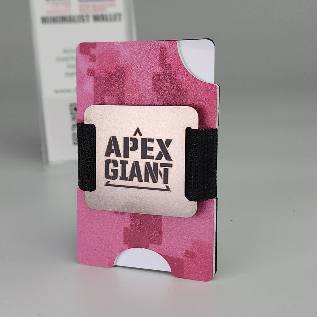 Hot pink camo digital wallet with APEX GIANT label, black elastic card holder