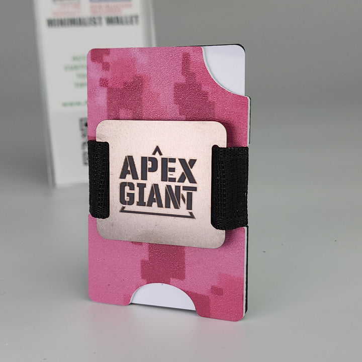 Hot pink camo digital wallet with APEX GIANT label, black elastic card holder