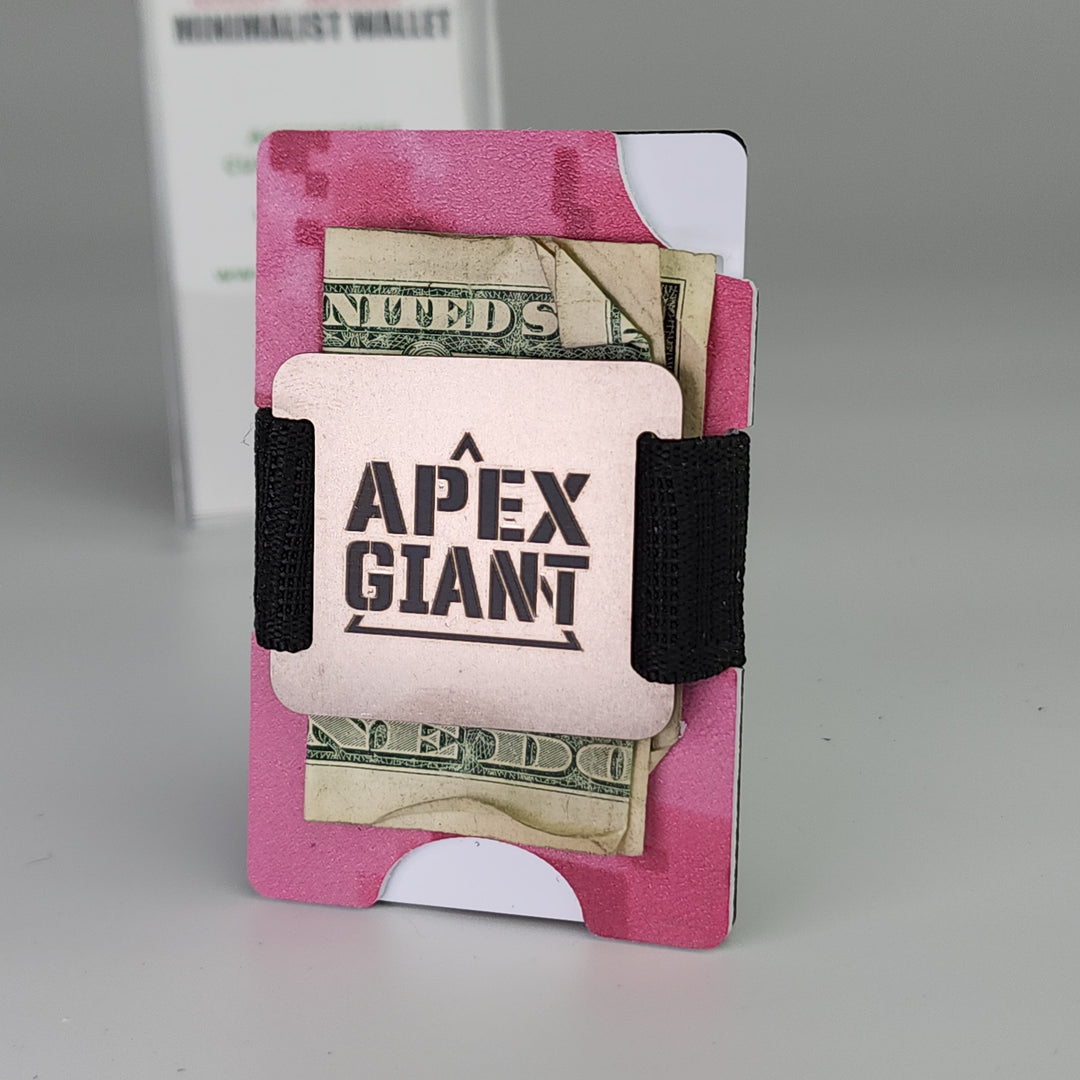Hot pink camo digital wallet showing cash and APEX GIANT card holder with black strap
