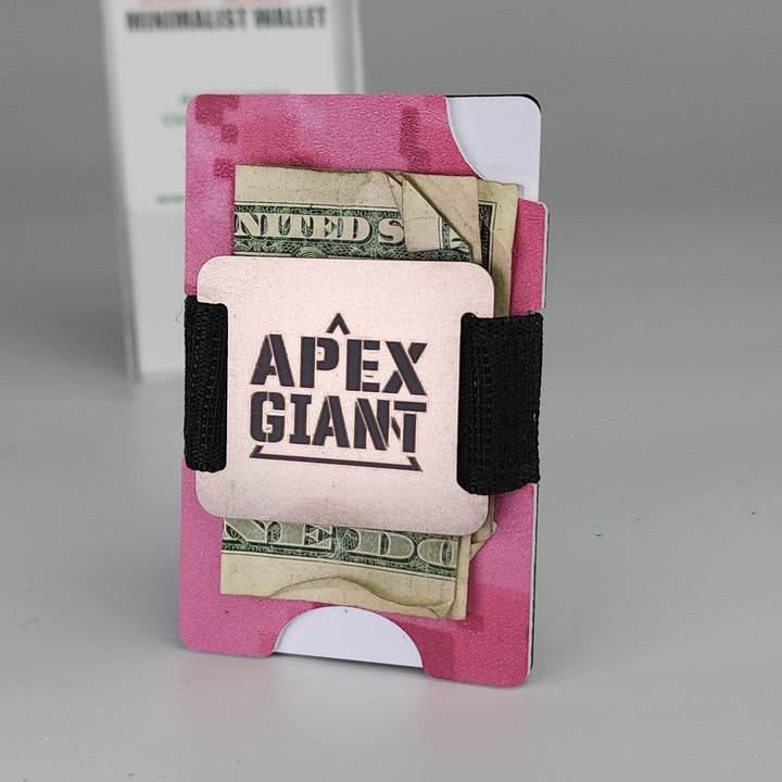 Hot pink camo digital wallet showing cash and APEX GIANT card holder with black strap
