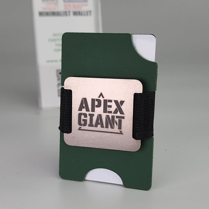 Infantry green minimalist wallet with black elastic bands and APEX GIANT logo panel