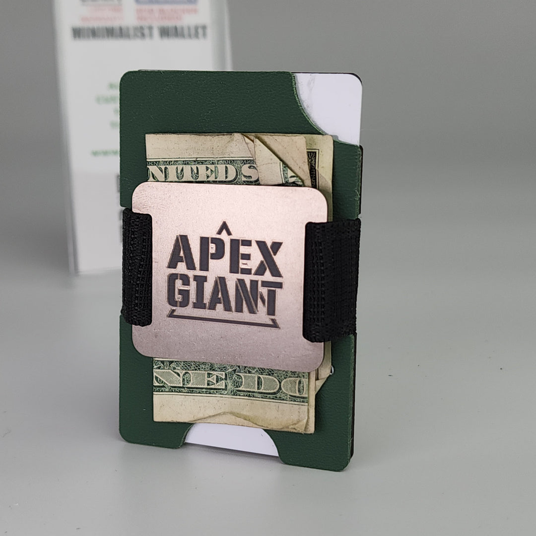 Infantry green minimalist wallet with black elastic bands and cash visible in card pocket