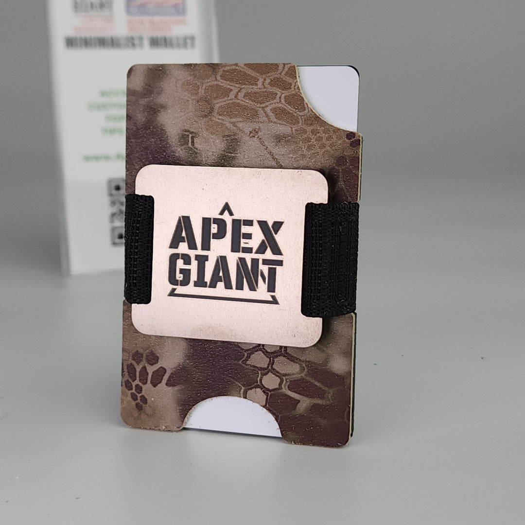 Minimalist camo wallet with black elastic strap and metal logo plate