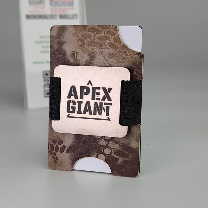 Minimalist camo wallet with black elastic strap and metal logo plate