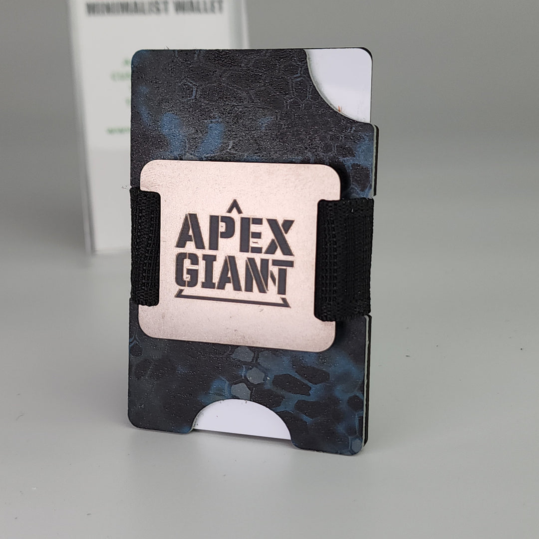 RFID camo wallet with black elastic strap and card holder, dark blue and gray pattern