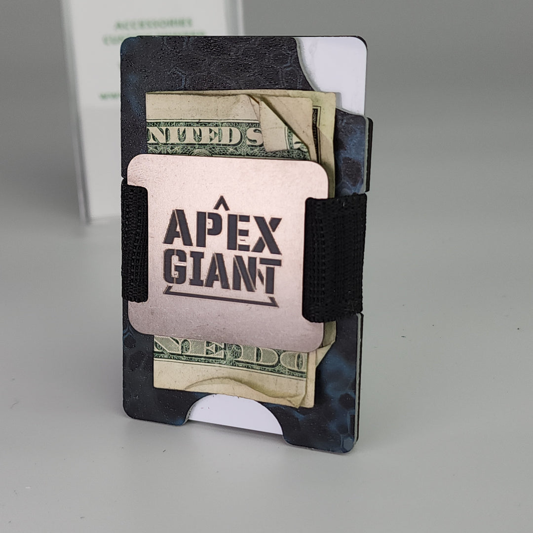 RFID camo wallet with black elastic strap, holding cash and cards, dark blue pattern