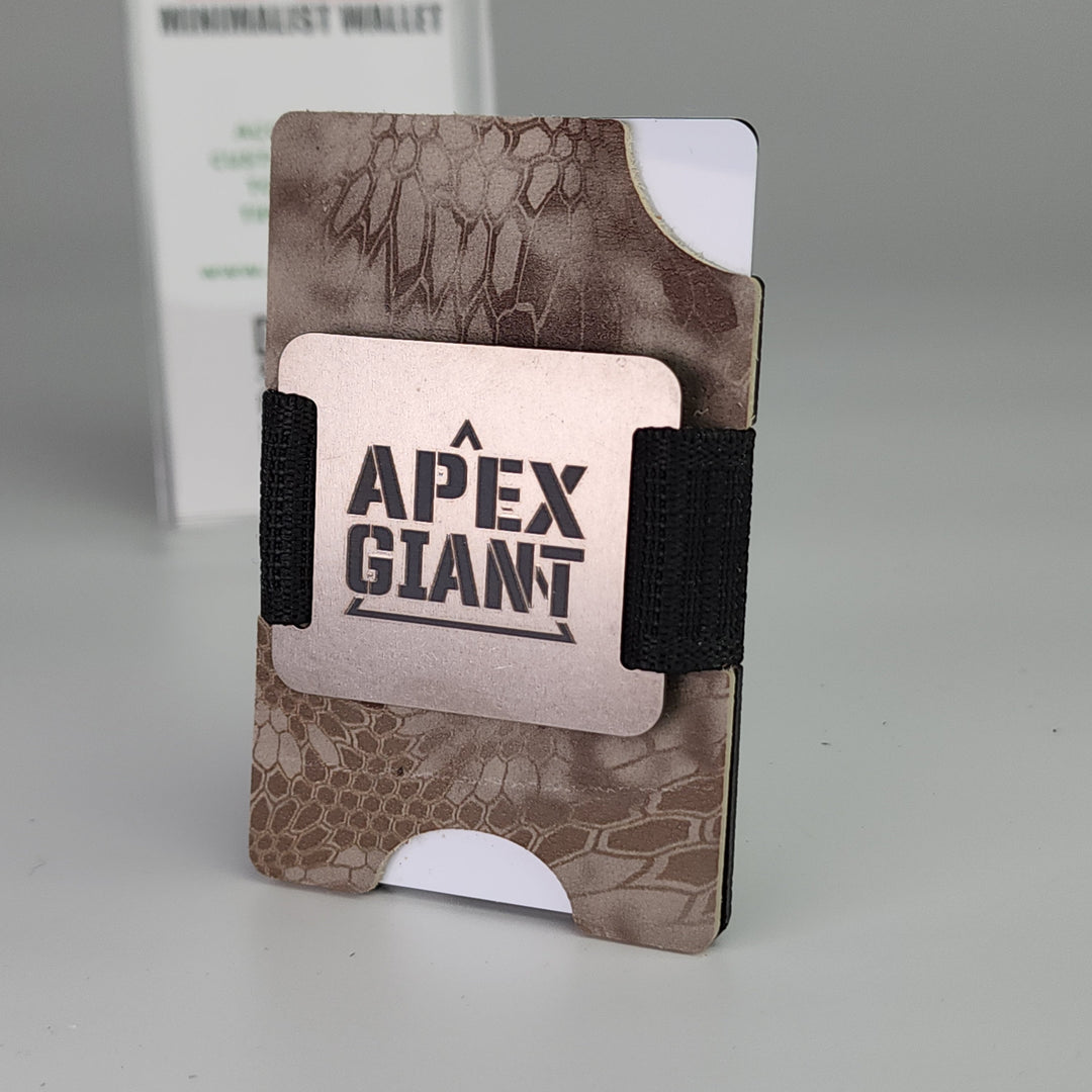 Minimalist camo wallet with black elastic bands and front card holder pocket