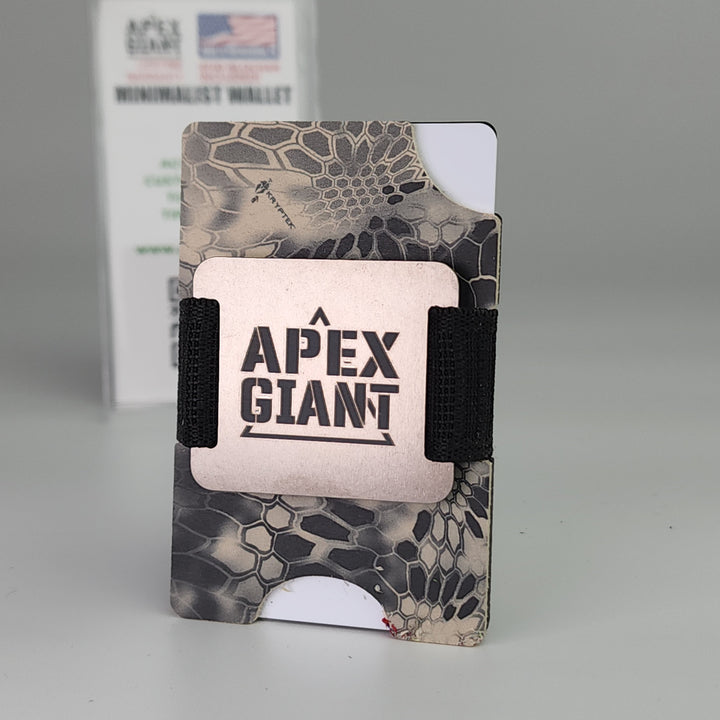 Minimalist wallet with Kryptek Raid camo print and black elastic strap, front view