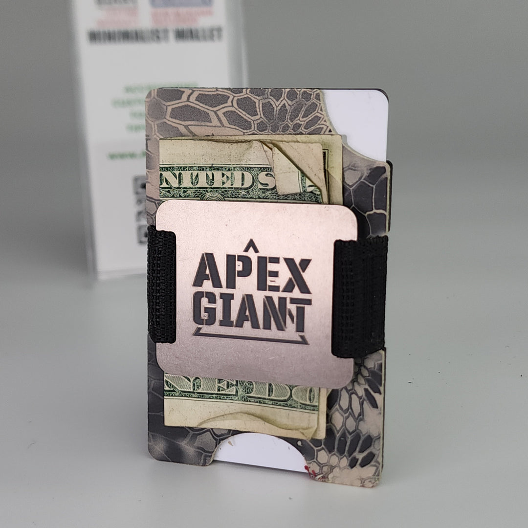 Minimalist wallet with Kryptek Raid camo print, cards and cash visible, black elastic strap