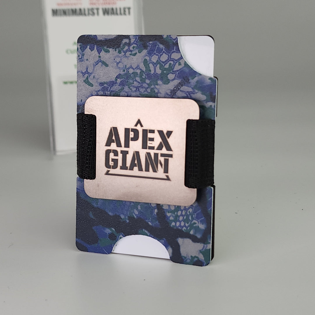Ocean camo minimalist wallet with black elastic straps and a card holder window