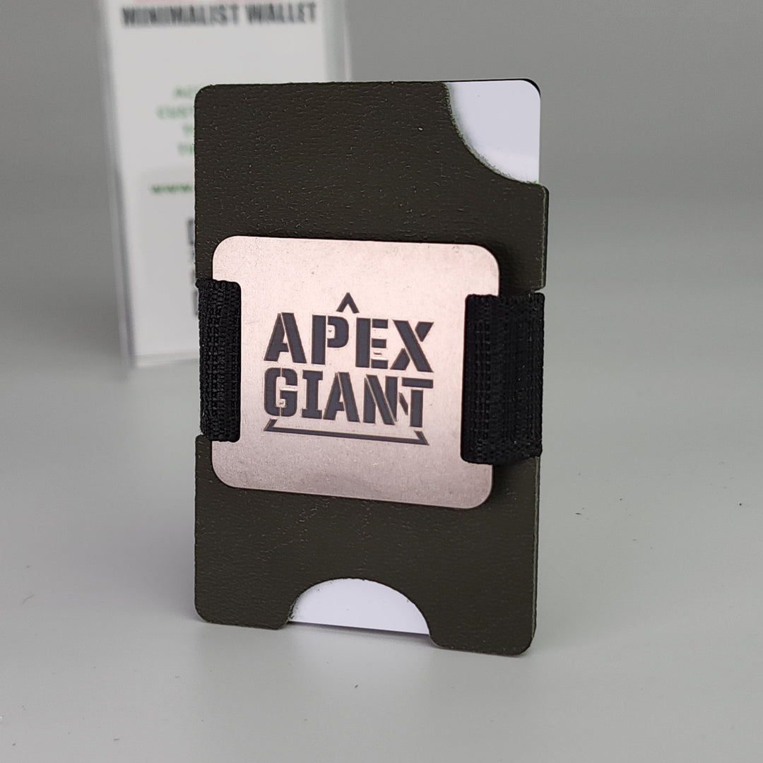 Minimalist wallet with elastic strap and APEX GIANT label, black textured finish