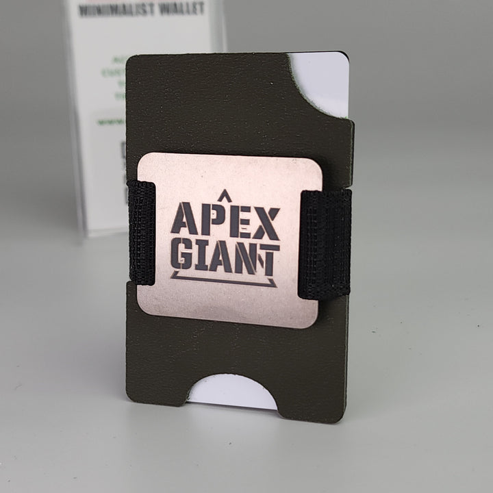 Minimalist wallet with elastic strap and APEX GIANT label, black textured finish