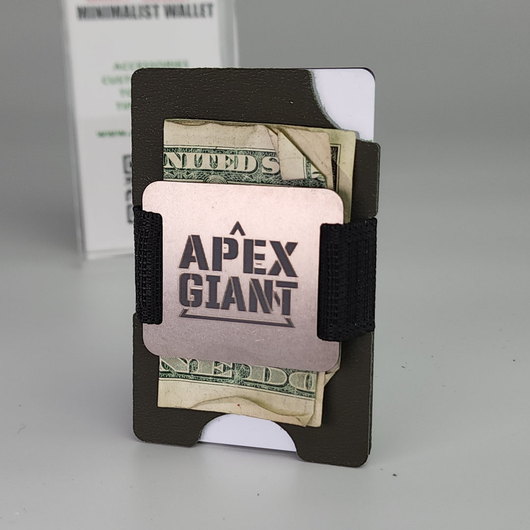 Minimalist wallet open with cash and cards visible behind an elastic strap, black