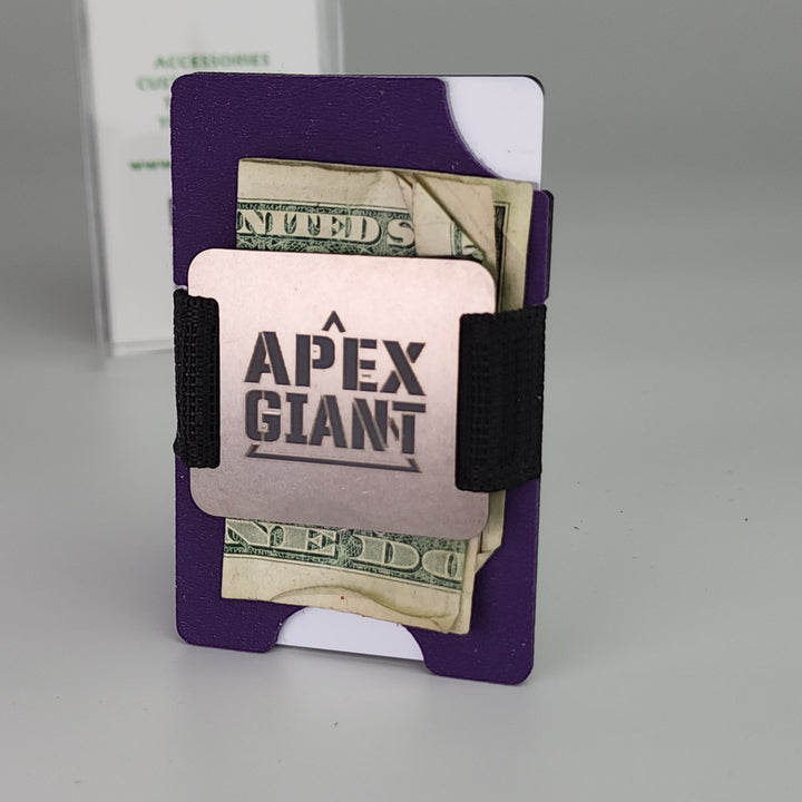 Purple Haze wallet holding cash and cards, black elastic strap, APEX GIANT logo