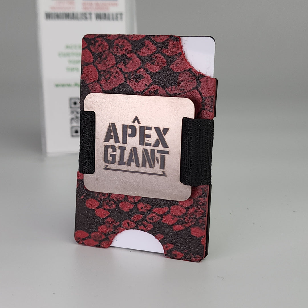 Red snake-skin card wallet with black elastic strap and APEX GIANT logo