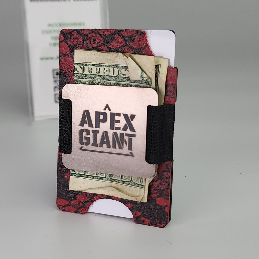 Red snake-skin minimalist wallet holding cards, black elastic strap, APEX GIANT logo