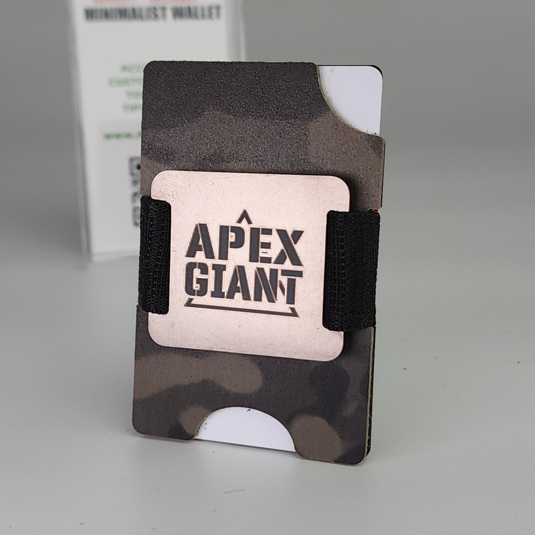 Minimalist wallet in flat dark earth camo with black elastic band and APEX GIANT card patch