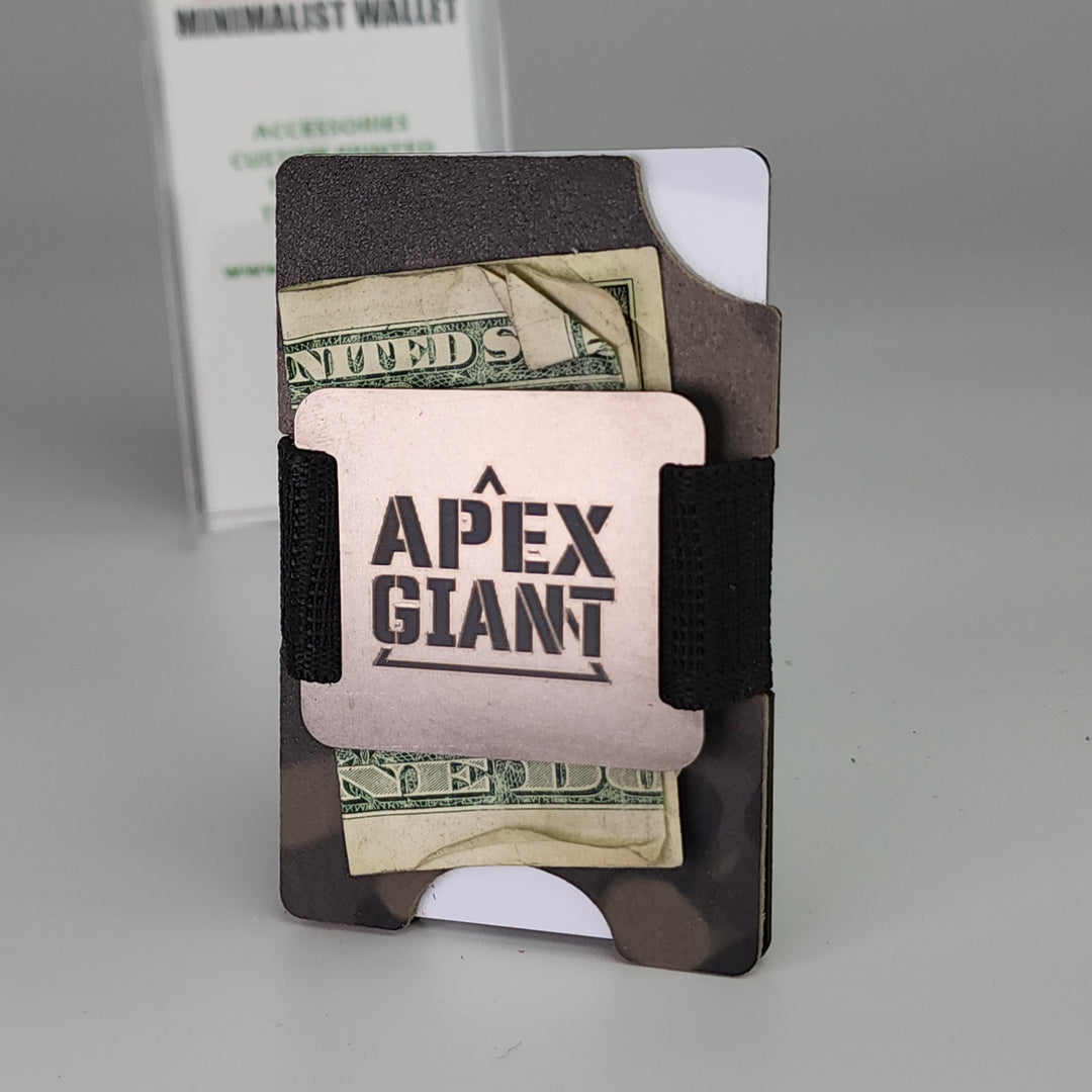 Minimalist wallet with flat dark earth camo exterior and US bills with APEX GIANT logo