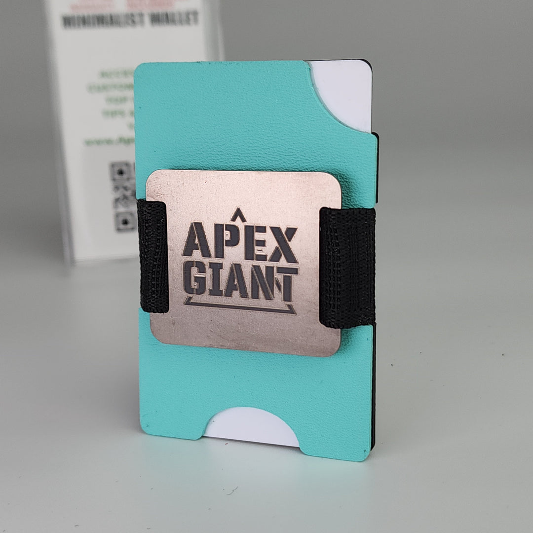 Tiffany blue APEX GIANT minimalist wallet with black elastic strap and front logo card