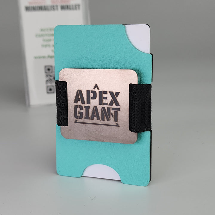 Tiffany blue APEX GIANT minimalist wallet with black elastic strap and front logo card