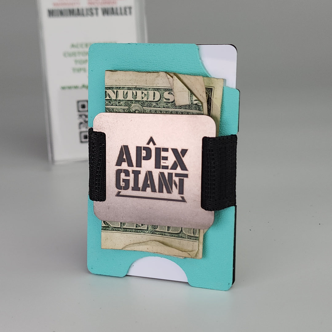 Tiffany blue APEX GIANT wallet with black elastic band holding cash and cards