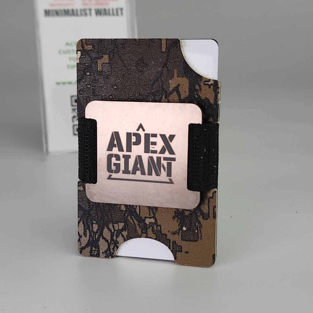 APEX GIANT minimalist wallet with camouflage cover and elastic strap, card-ready