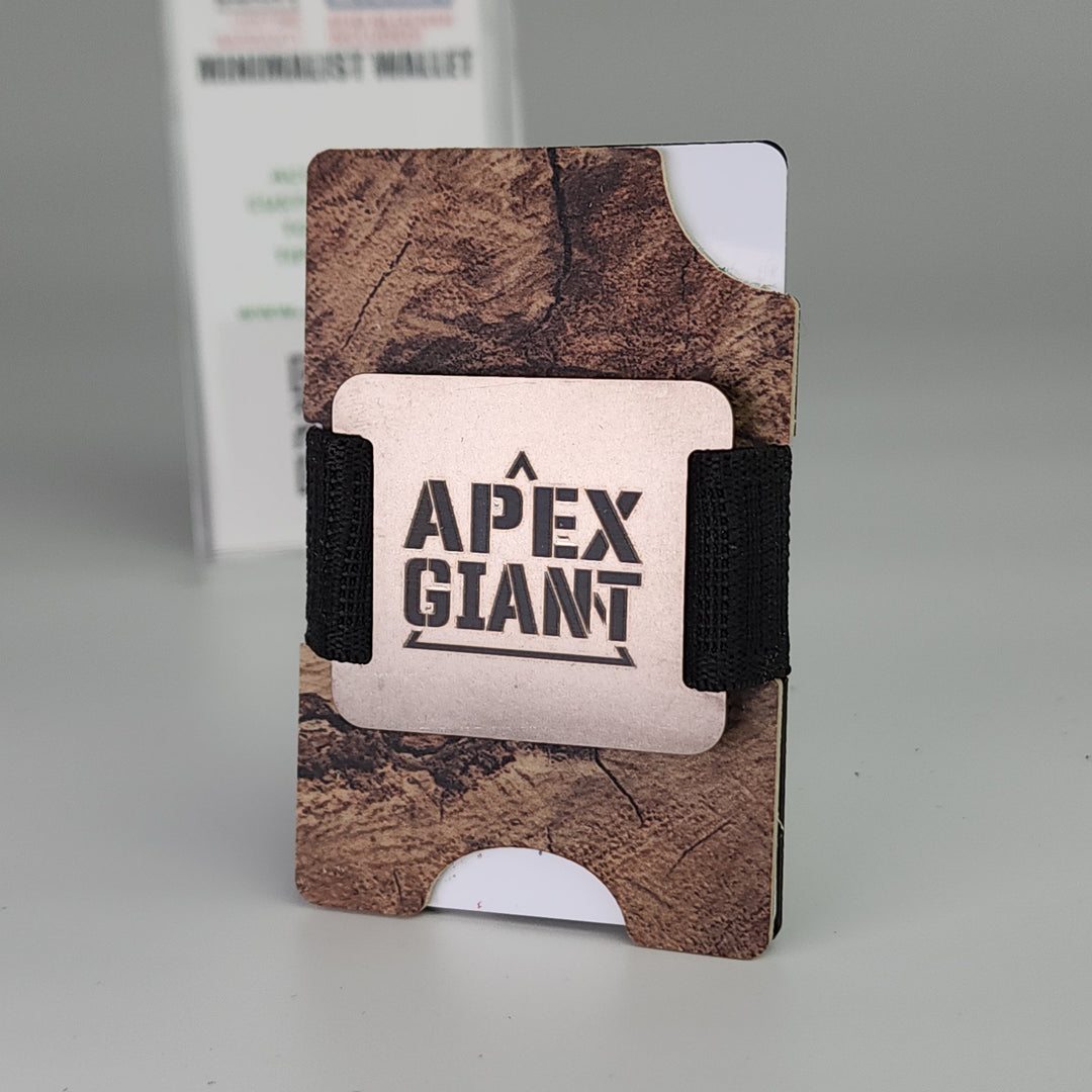 Wood-pattern RFID wallet with black elastic bands and APEX GIANT card holder