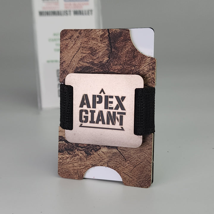 Wood-pattern RFID wallet with black elastic bands and APEX GIANT card holder