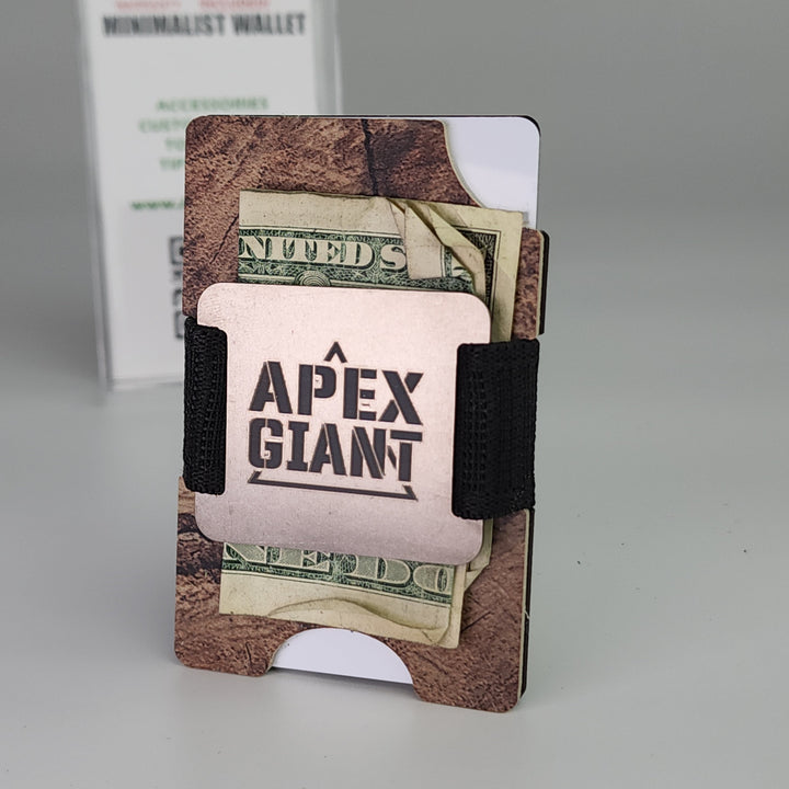 Wood-pattern RFID wallet showing folded bills behind the APEX GIANT logo window