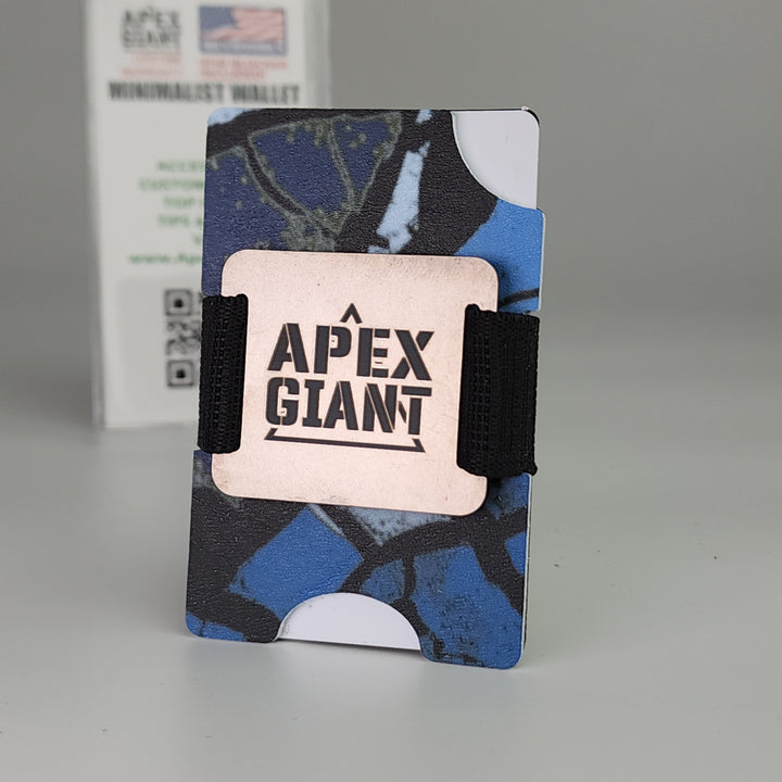Cedar Grove Outdoors minimalist wallet with blue patterned exterior and black elastic strap