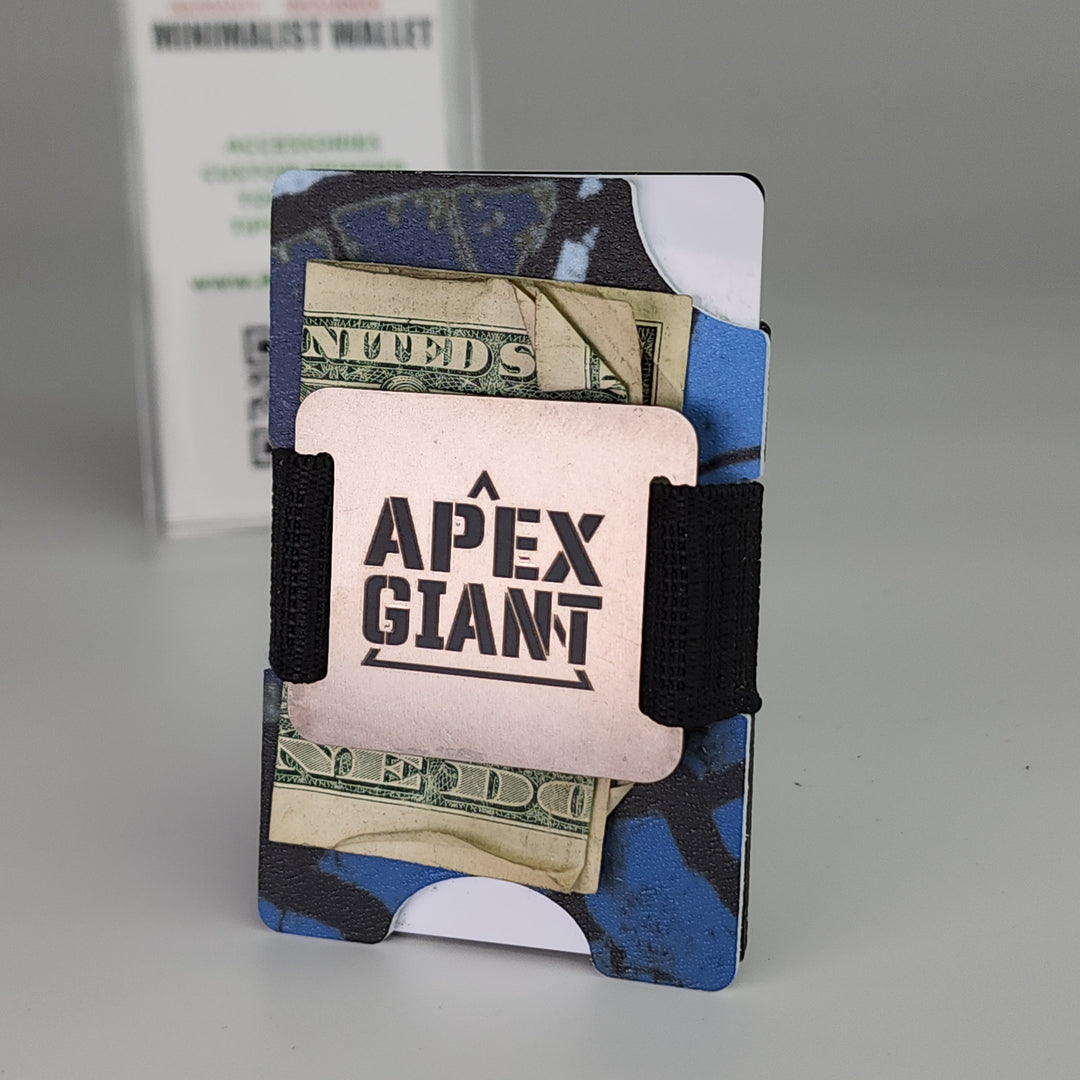 Cedar Grove Outdoors minimalist wallet showing cash inside, blue pattern exterior, black strap