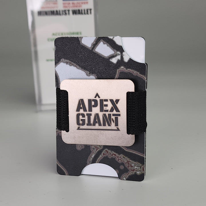 Minimalist wallet with black adjustable strap and APEX GIANT card holder design