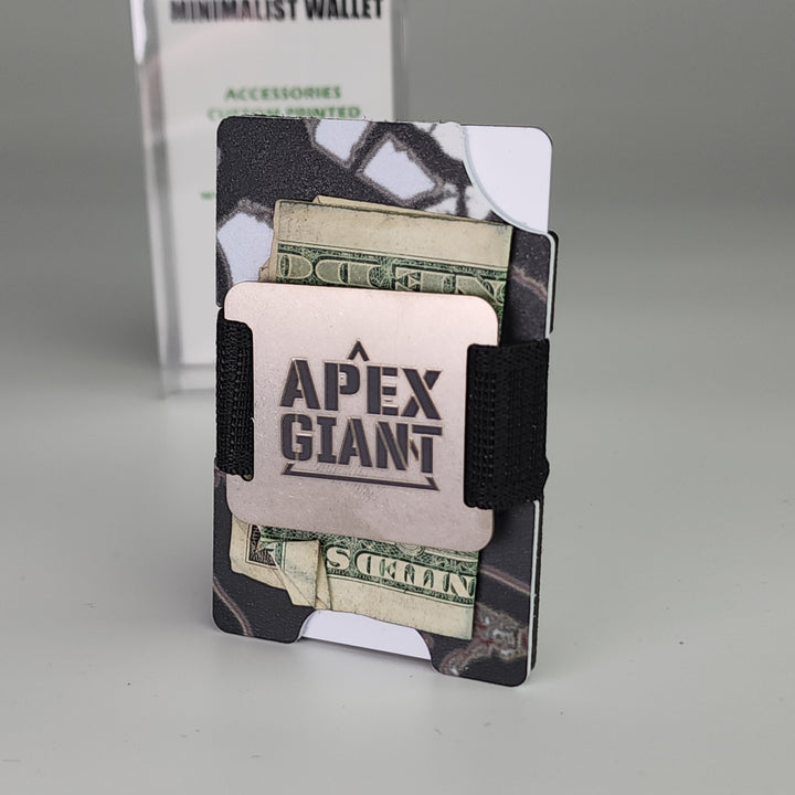 Minimalist wallet with money clip featuring bills visible and APEX GIANT logo