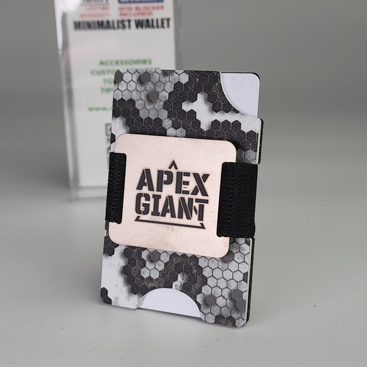 Minimalist card wallet with black hex pattern and APEX GIANT logo, elastic strap.
