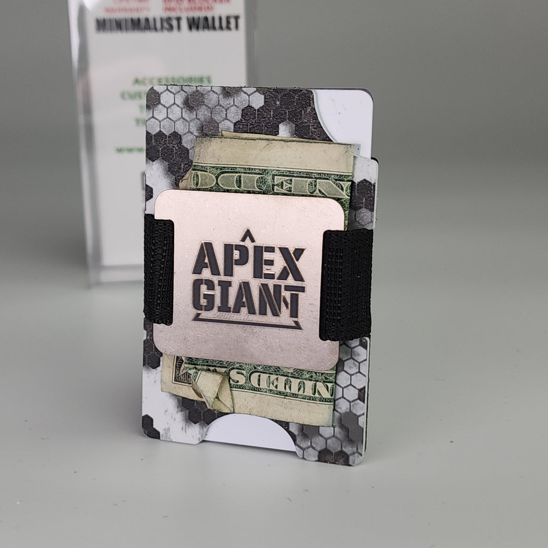 Minimalist card wallet holding cash, with black hex pattern and APEX GIANT logo.