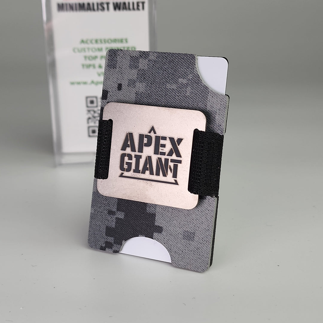 Minimalist wallet in dark digital camo with black elastic band and APEX GIANT card holder