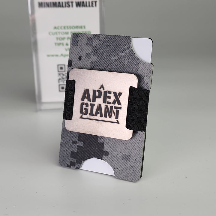 Minimalist wallet in dark digital camo with black elastic band and APEX GIANT card holder