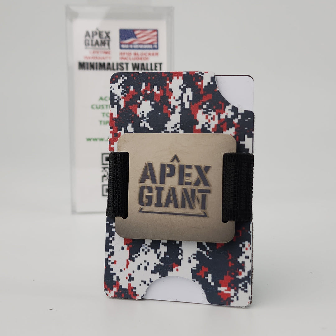 Minimalist camo wallet with black elastic straps and APEX GIANT front patch