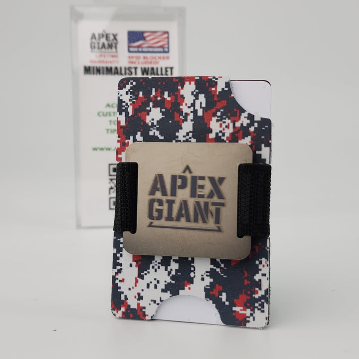 Minimalist camo wallet with black elastic straps and APEX GIANT front patch
