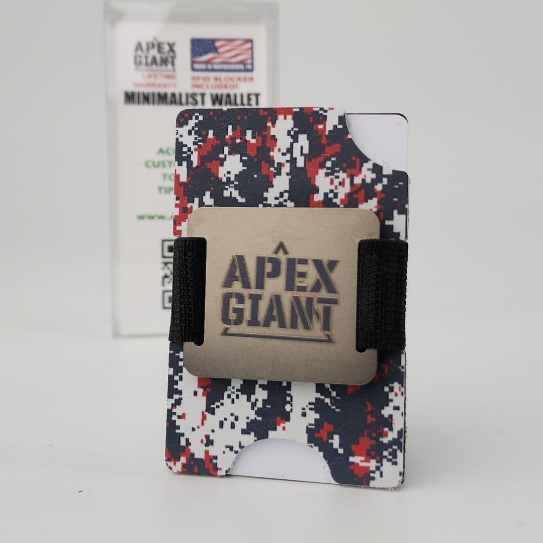 Minimalist camo wallet with black elastic straps and APEX GIANT name patch