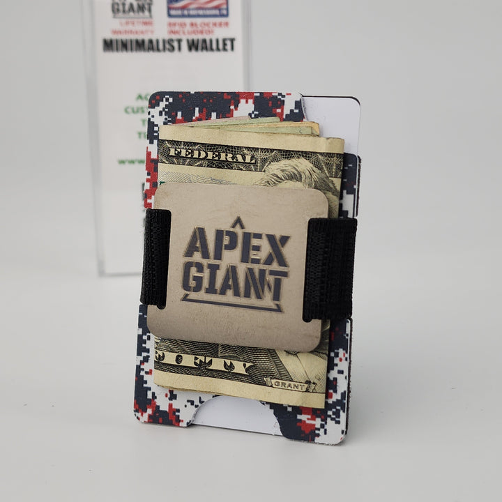 Minimalist camo wallet with black straps, open view with bills and APEX GIANT patch